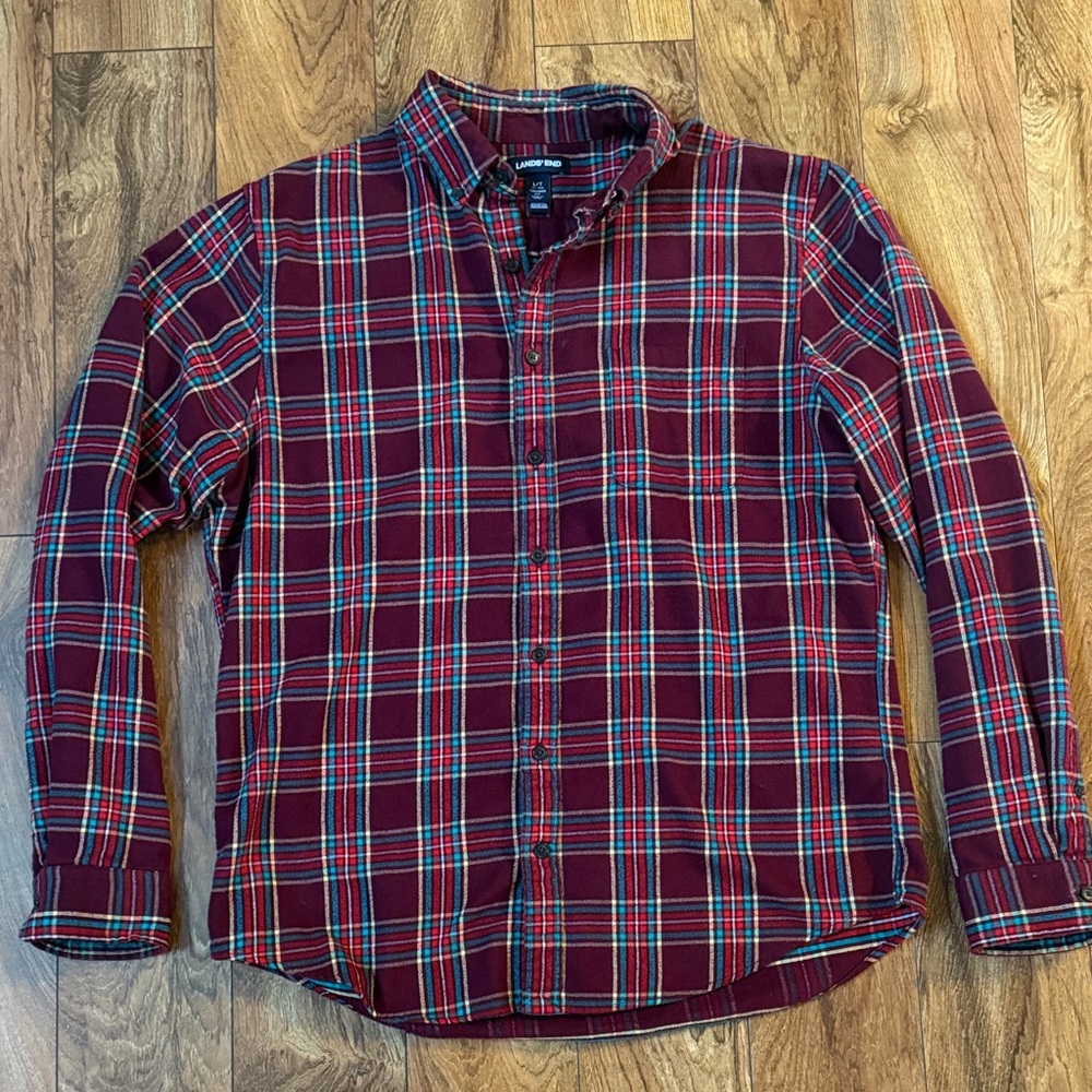 Lands' End Men's Burgundy and Teal Plaid Shirt